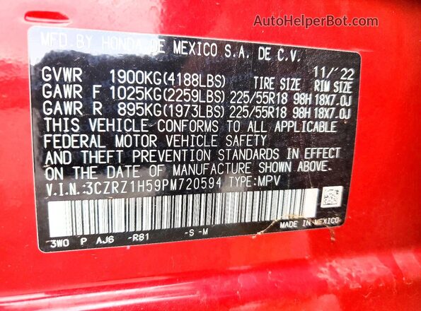 3CZRZ1H59PM720594 2023 HONDA HR-V Red VIN sticker view