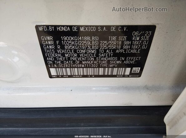 3CZRZ1H59RM711302 2024 HONDA HR-V White Շարժիչի բաժամունքի տեսք