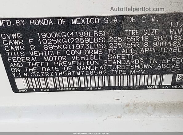 3CZRZ1H59TM728592 2026 HONDA HR-V White Вид підкапотного простору