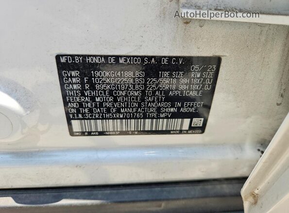 3CZRZ1H5XRM701765 2024 HONDA HR-V White 360 interior view