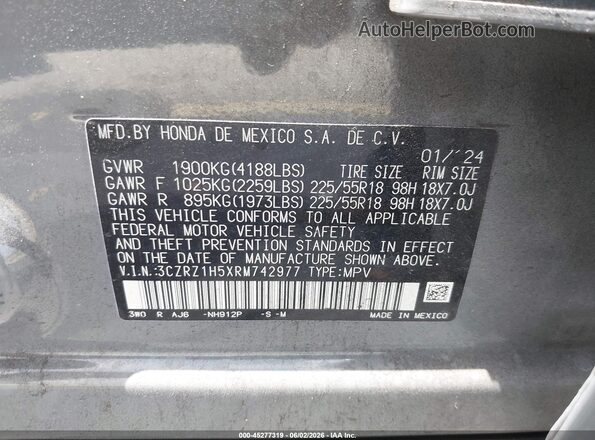 3CZRZ1H5XRM742977 2024 HONDA HR-V Gray ძრავის განყოფილების ხედი