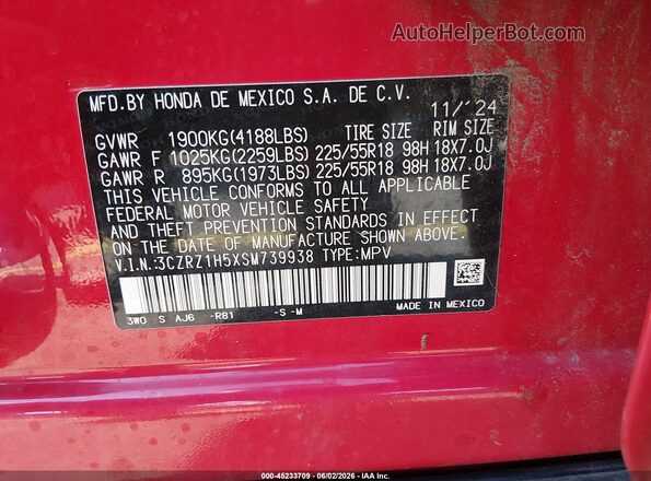 3CZRZ1H5XSM739938 2025 HONDA HR-V Red Շարժիչի բաժամունքի տեսք