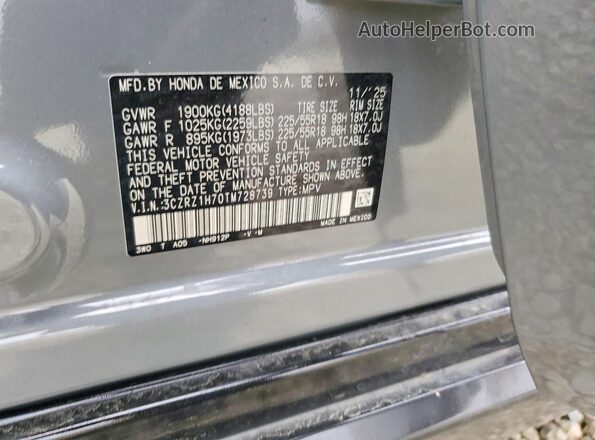 3CZRZ1H70TM728739 2026 HONDA HR-V Gray VIN sticker view