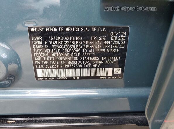 3CZRZ1H71RM757398 2024 HONDA HR-V Синий Вид наклейки с VIN-кодом
