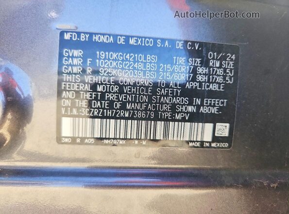 3CZRZ1H72RM738679 2024 HONDA HR-V Gray VIN sticker view