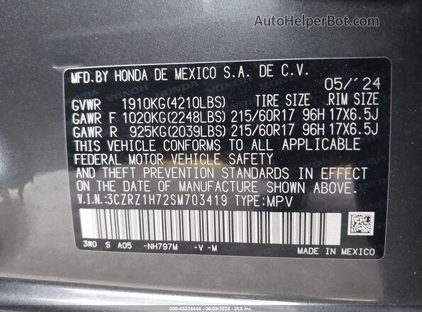3CZRZ1H72SM703419 2025 HONDA HR-V Серый 