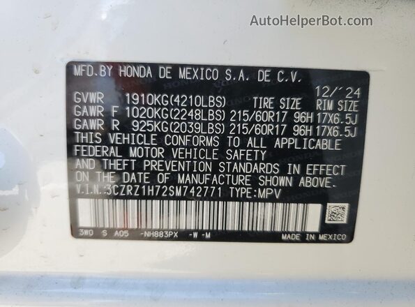 3CZRZ1H72SM742771 2025 HONDA HR-V White 