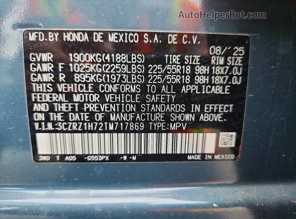 3CZRZ1H72TM717869 2026 HONDA HR-V Blue Вид наклейки з VIN-кодом