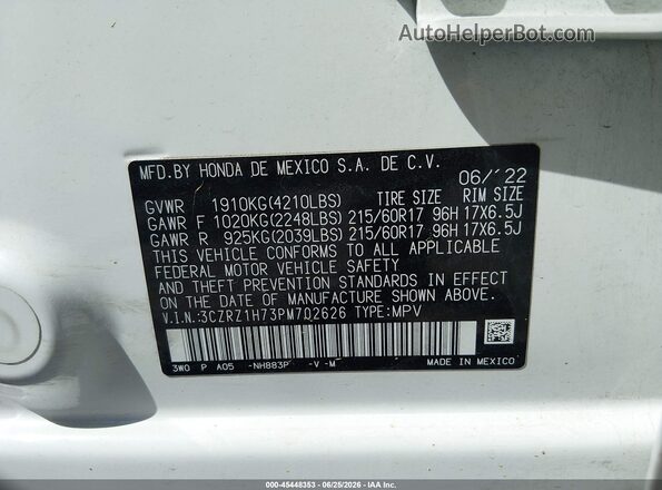 3CZRZ1H73PM702626 2023 HONDA HR-V White Vista del compartimento del motor