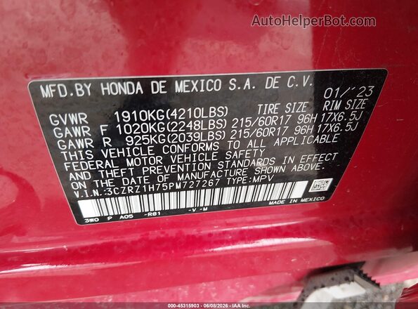 3CZRZ1H75PM727267 2023 HONDA HR-V Red Շարժիչի բաժամունքի տեսք