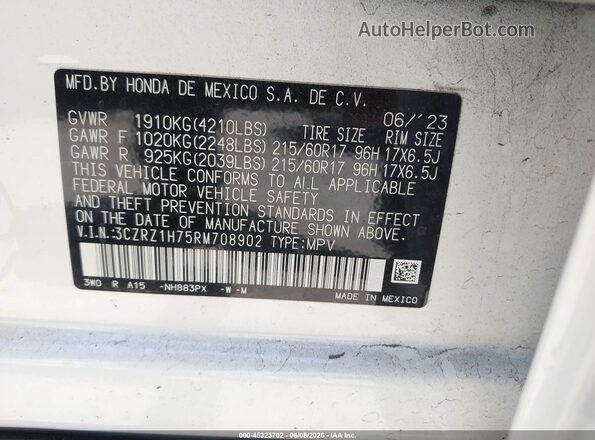 3CZRZ1H75RM708902 2024 HONDA HR-V White Շարժիչի բաժամունքի տեսք