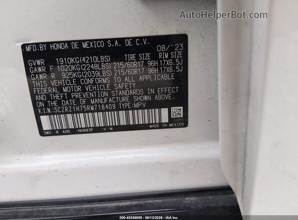 3CZRZ1H75RM718409 2024 HONDA HR-V Белый Вид подкапотного пространства