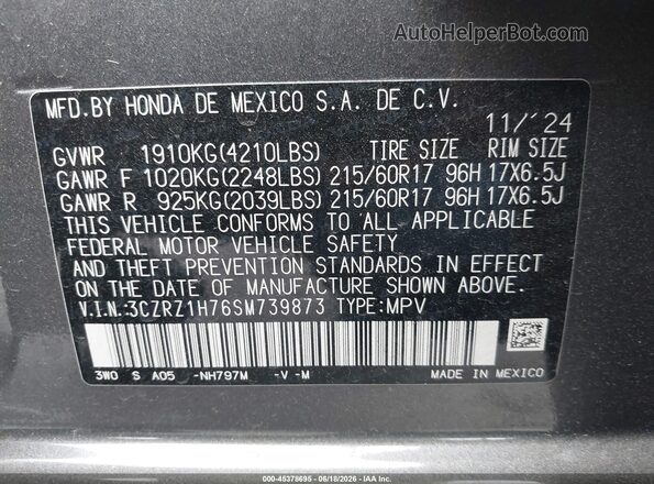 3CZRZ1H76SM739873 2025 HONDA HR-V Gray Vista del compartimento del motor