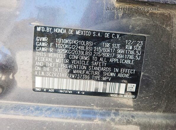 3CZRZ1H77RM737396 2024 HONDA HR-V Silver VIN sticker view
