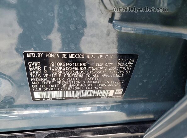 3CZRZ1H77RM740864 2024 HONDA HR-V Blue 
