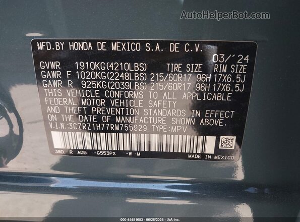 3CZRZ1H77RM755929 2024 HONDA HR-V Teal Շարժիչի բաժամունքի տեսք