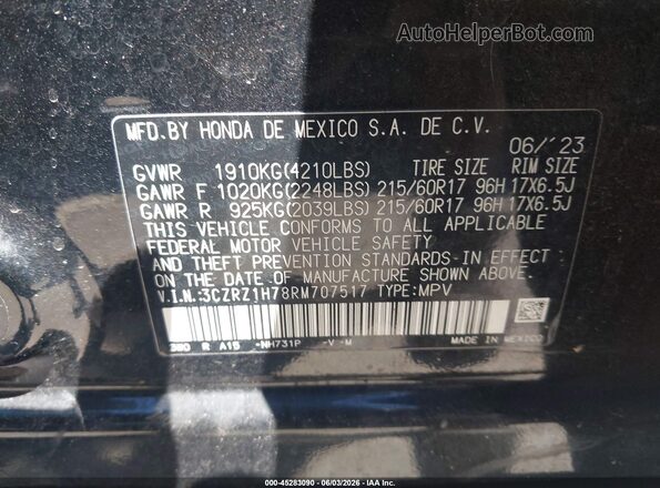 3CZRZ1H78RM707517 2024 HONDA HR-V Black Շարժիչի բաժամունքի տեսք