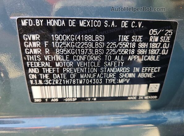 3CZRZ1H78TM704303 2026 HONDA HR-V Синий Вид наклейки с VIN-кодом