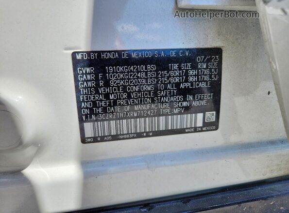 3CZRZ1H7XRM712427 2024 HONDA HR-V White Widok naklejki z numerem VIN