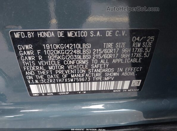 3CZRZ1H7XSM759673 2025 HONDA HR-V Blue Vista del compartimento del motor