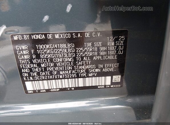 3CZRZ1H7XTM732295 2026 HONDA HR-V Teal Widok komory silnika