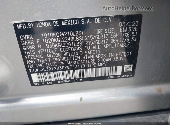 3CZRZ2H30PM743119 2023 HONDA HR-V Silver Engine compartment view