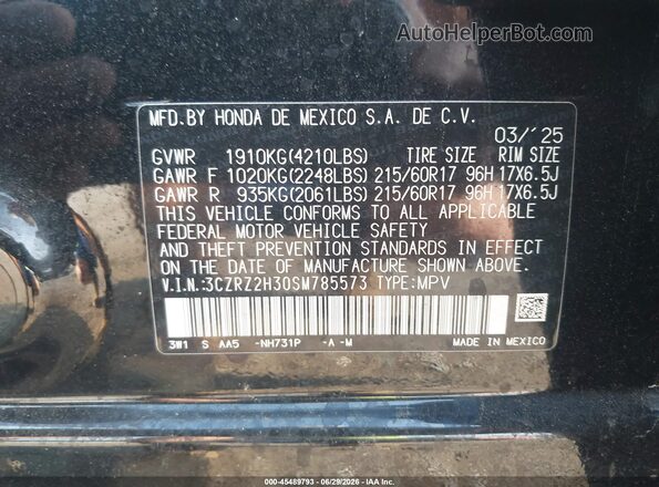 3CZRZ2H30SM785573 2025 HONDA HR-V Black Vista del compartimento del motor