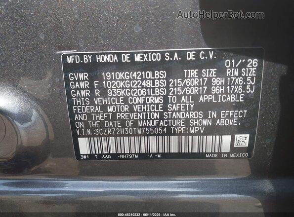 3CZRZ2H30TM755054 2026 HONDA HR-V Gray ძრავის განყოფილების ხედი