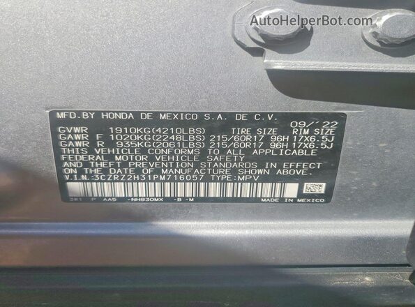3CZRZ2H31PM716057 2023 HONDA HR-V Silver VIN կոդի պիտակի տեսք