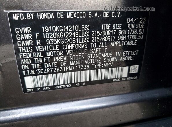 3CZRZ2H31PM747339 2023 HONDA HR-V Gray Vista del compartimento del motor