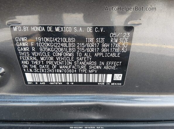 3CZRZ2H31RM703604 2024 HONDA HR-V Gray Շարժիչի բաժամունքի տեսք