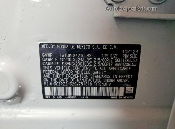 3CZRZ2H32SM751618 2025 HONDA HR-V White Панорамний вид салону 360°
