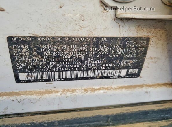 3CZRZ2H33PM740196 2023 HONDA HR-V White 