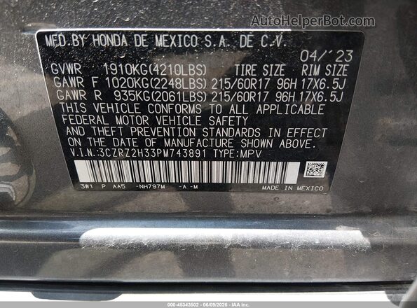 3CZRZ2H33PM743891 2023 HONDA HR-V Gray Vista del compartimento del motor