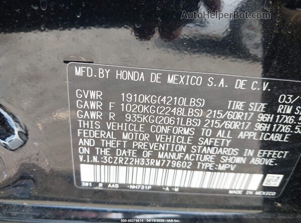 3CZRZ2H33RM779602 2024 HONDA HR-V Black ძრავის განყოფილების ხედი