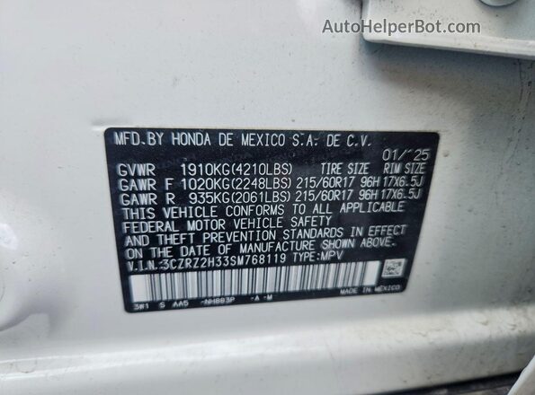 3CZRZ2H33SM768119 2025 HONDA HR-V White 