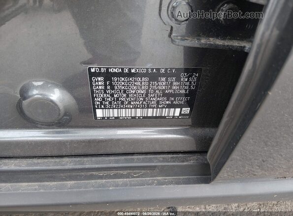 3CZRZ2H34RM774313 2024 HONDA HR-V Gray Vista del compartimento del motor
