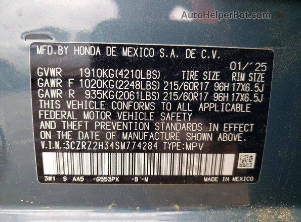 3CZRZ2H34SM774284 2025 HONDA HR-V Blue 