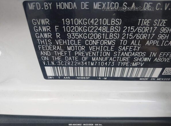 3CZRZ2H34TM710473 2026 HONDA HR-V White Вид підкапотного простору