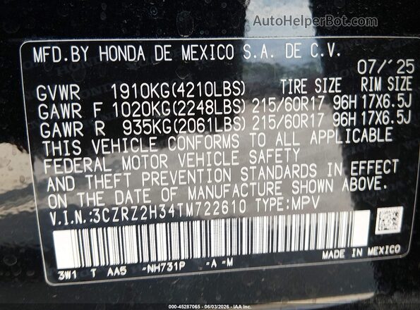 3CZRZ2H34TM722610 2026 HONDA HR-V Black Вид підкапотного простору