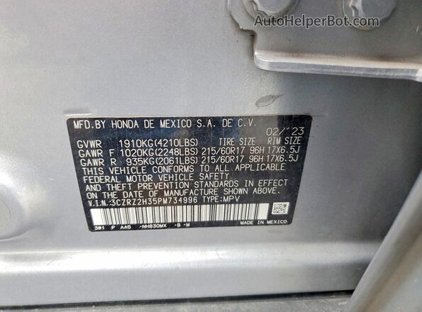 3CZRZ2H35PM734996 2023 HONDA HR-V Серый Вид наклейки с VIN-кодом
