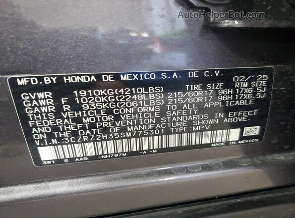 3CZRZ2H35SM775301 2025 HONDA HR-V Gray 