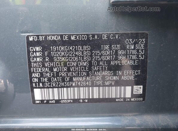 3CZRZ2H36PM742640 2023 HONDA HR-V Синий Вид подкапотного пространства