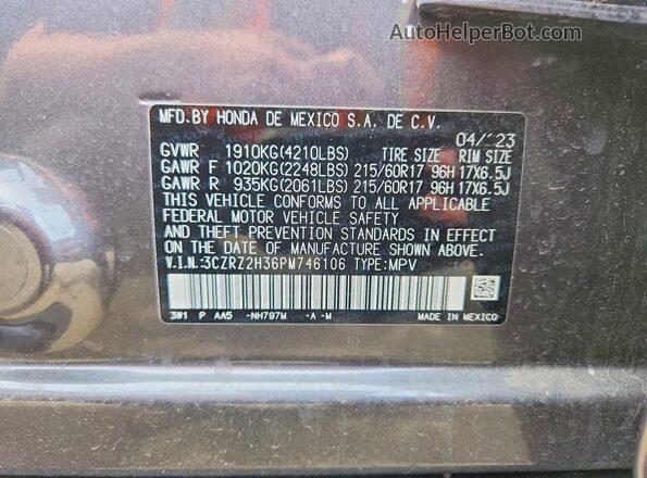 3CZRZ2H36PM746106 2023 HONDA HR-V Gray VIN კოდის სტიკერის ხედი