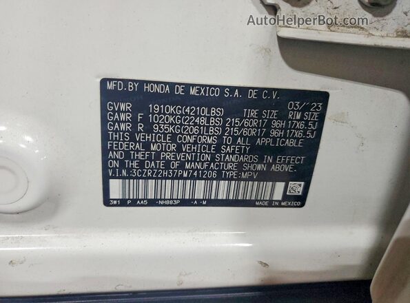 3CZRZ2H37PM741206 2023 HONDA HR-V White Панорамний вид салону 360°