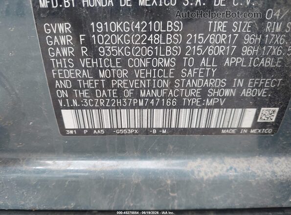 3CZRZ2H37PM747166 2023 HONDA HR-V Blue Շարժիչի բաժամունքի տեսք