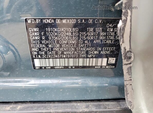 3CZRZ2H37SM797073 2025 HONDA HR-V Blue Vista de la etiqueta del VIN