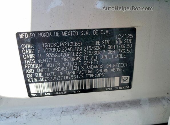 3CZRZ2H37TM753172 2026 HONDA HR-V White VIN sticker view