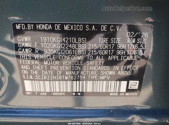 3CZRZ2H38TM762754 2026 HONDA HR-V Blue Engine compartment view
