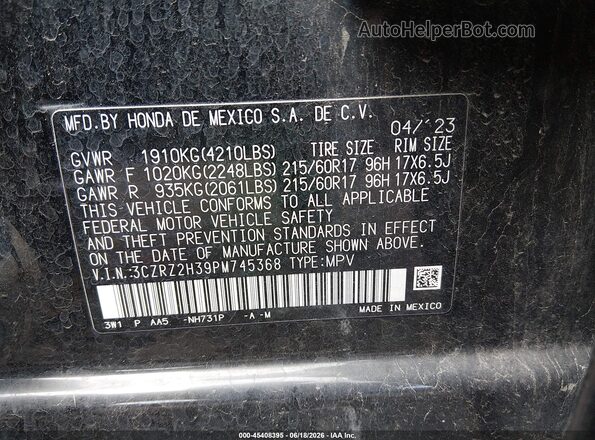 3CZRZ2H39PM745368 2023 HONDA HR-V Black Vista del compartimento del motor